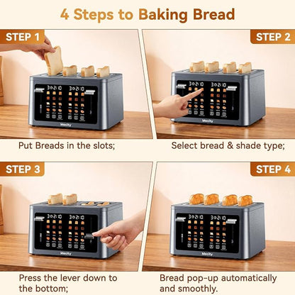 Mecity 4 Slice Touchscreen Toaster, 6 Bread Modes & 6 Browning Levels, Dual Touch Control Wide Slot Stainless Steel Electric Toaster with Memory, Defrost, 3-Min Auto Shutoff for White, Bagels, Waffles