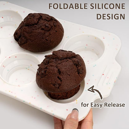 2 Pack Silicone Muffin Pan - Non Stick Collapsible Metal-Reinforced Frame Cupcake Pan with Handles 6 Cup Regular, BPA Free Cupcake and Medium Muffin Tray, Baking Pan Molds for Oven Dishwasher Safe