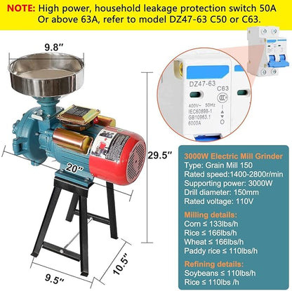Slsy Heavy Duty Electric Dry Grain Mill Grinder, 3000W High Power Milling Machine, 110V Commercial Flour & Feed Grinder for Corn, Wheat, Rice, Coffee Beanss