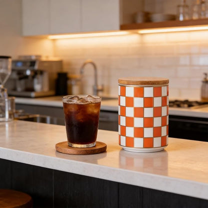 Kitchen Countertop Ceramic Checkered Canisters,Black And White Food Storage Containers With Lid,Airtight Kitchen Canisters for Flour, Sugar, Coffee, Tea, and Dry Goods (Orange, Small)
