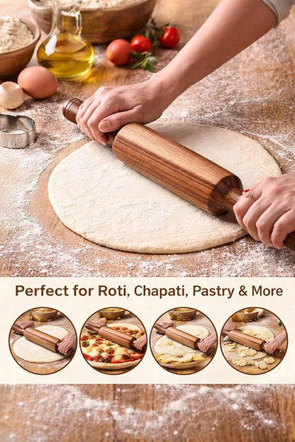 Hardwood Rolling Pin 12 Inch – Wooden Dough Roller with Easy Grip Handles | Traditional Belan for Roti, Chapati, Pastry, Pizza & Baking