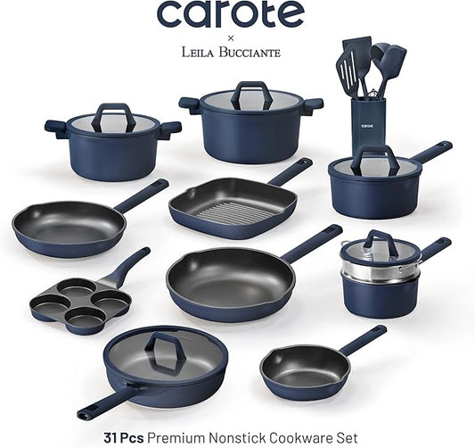 CAROTE 31PCS Pots and Pans Set, Nonstick Cookware Set Kitchen Non Stick Induction Titanium Cookware Non-toxic Granite Cooking set, PFOA Free