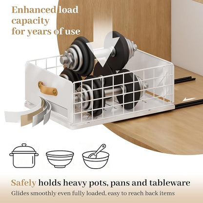 Pull Out Cabinet Organizer, No-Drill Pantry Drawers, Slide Out Shelves with Bamboo Risers for Lipped Cabinets,Ideal for Kitchen, Bathroom & Under Sink Storage (White, 13.8" Wide-21 Deep)