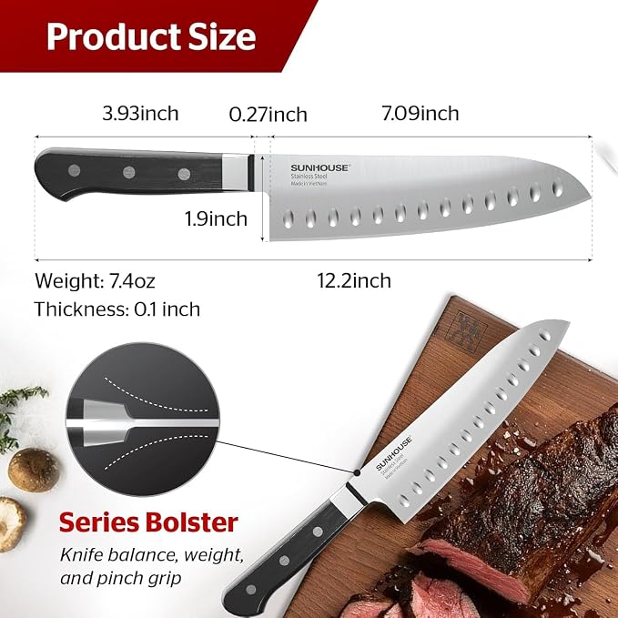 Sunhouse 7 Inch Santoku Knife - Japanese AUS-8 High Carbon Steel Professional Chef Knife - Kitchen Gadgets 2026, Apartment Essentials, Mothers Day Gift for Mom Wife Her