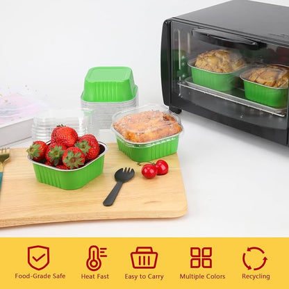LNYZQUS Mini Cake Pans with Lids and Spoons,10oz Disposable Small Foil Baking Tins,40 Pack Individual Cake Containers for Home Bakers Bake Sales-Green,4x4 Square