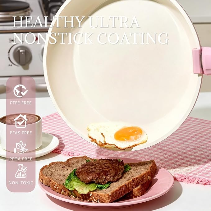 Ceramic Cookware Set Non Stick 8Pcs Pots and Pans Set Removable Handle Induction Kitchen Cookware Set with Frying Pans Oven Safe, Light Pink