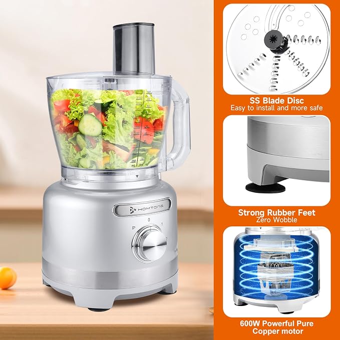Homtone 16 Cups Food Processor, Large Food Chopper with French Fry Cutter, 9 Functions 7 Blades for Shredding, Slicing, Doughing for Home Use, 3 Speeds, 600W