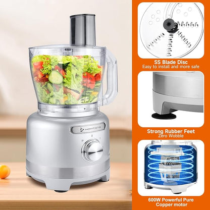 Homtone 16 Cups Food Processor, Large Food Chopper with French Fry Cutter, 9 Functions 7 Blades for Shredding, Slicing, Doughing for Home Use, 3 Speeds, 600W
