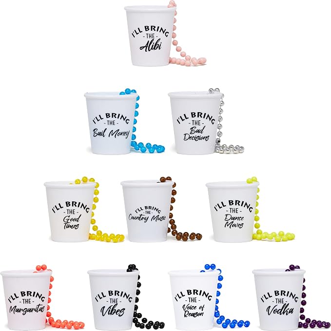 Funky Junque Shot Glass Necklaces for Bachelorette Party - Bride Tribe Favors, Bridal Shower Decorations - 10 Pack - Vibes Pack