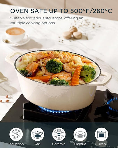 Enameled Cast Iron Dutch Oven - 9.3QT Dutch Oven Pot with Lid & Cotton Potholders - Heavy-Duty Non Stick Casserole Pot for Braising, Stews, Roasting, Baking, Suitable for All Stovetops, Cream White