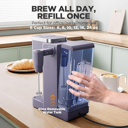 Tastyle 330MF Single Serve Coffee Maker with Built-in Detachable Milk Frother, Iced and Hot Coffee Machine for K Cup & Grounds, 40oz Removable Water Tank, 6 Cup Sizes, Fits 7.3" Travel Mug, Purple