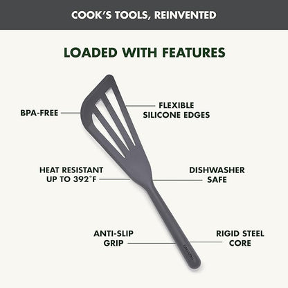 GreenPan Silicone Fish Turner Spatula, Slotted Cooking Kitchen Utensil, Flexible Rubber Nonstick Cookware, Rigid Steel Core, Heat-Resistant, Anti-Slip Handle, BPA-Free, Dishwasher Safe, Gray