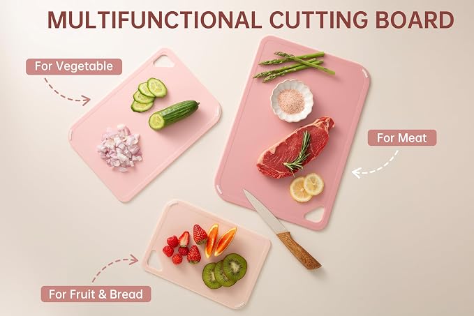 THETCHRY Plastic Cutting Board Set, Pink Cutting Board with Non-slip, Cutting Board for Kitchen Set of 3, Dishwasher Safe, BPA Free, Reversible, with Grip Handle, Pink