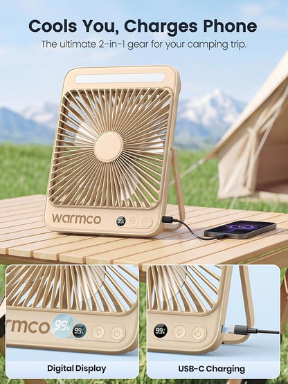 Warmco 20000mAh Battery Powered Fan, 8-Inch Ultra-Slim Portable Camping Fan with LED Lantern, Up to 48H Runtime Rechargeable Desk Fan for Bedroom, Outdoor, Tent, Travel, Cruise Ship Essentials