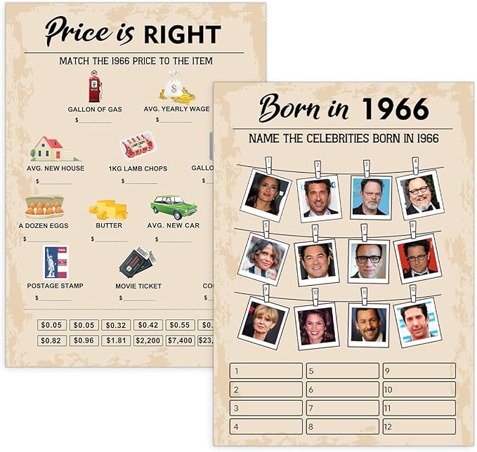 QUPT 60th Birthday Party Games, Set of 2 Activities for 15 Guests, Born in 1966 Games Bundle, Birthday Party Supplies for Adults, Pack of 30 Cards
