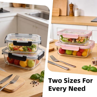 Konokyo Rectangular Glass Food Storage Containers with Lids, 12 Pack Airtight Leakproof Meal Prep Containers, BPA-Free, Microwave Oven Freezer & Dishwasher Safe, Assorted Sizes