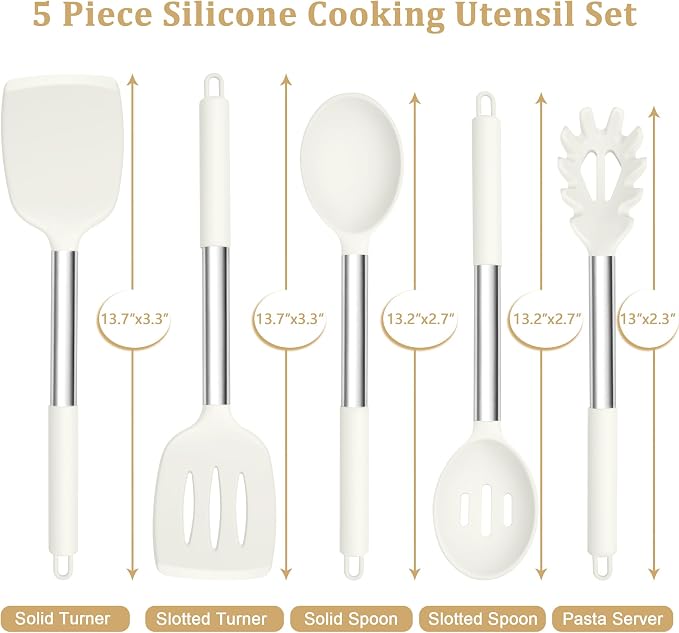 TeamFar Cooking Utensils Set, 5 Pcs Silicone Kitchen Utensils with Stainless Steel Handle, for Nonstick Cookware Flipping Frying Turning Draining, Heatproof & Healthy, Healthy & Easy Clean, White
