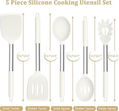 TeamFar Cooking Utensils Set, 5 Pcs Silicone Kitchen Utensils with Stainless Steel Handle, for Nonstick Cookware Flipping Frying Turning Draining, Heatproof & Healthy, Healthy & Easy Clean, White