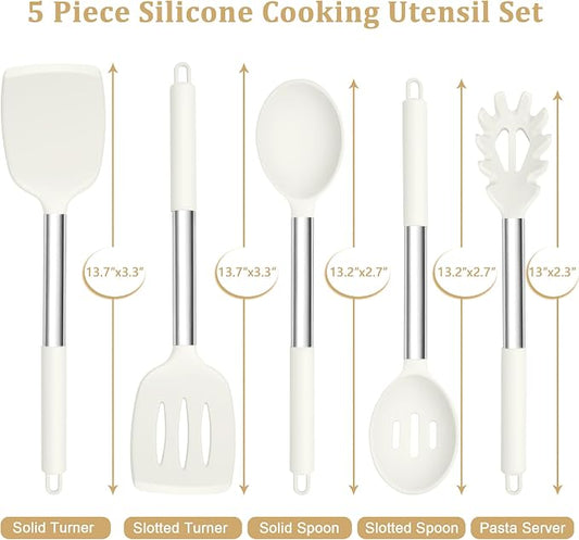 TeamFar Cooking Utensils Set, 5 Pcs Silicone Kitchen Utensils with Stainless Steel Handle, for Nonstick Cookware Flipping Frying Turning Draining, Heatproof & Healthy, Healthy & Easy Clean, White
