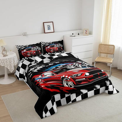 Manfei Racing Car Theme Boys Kids Comforter Set Full Size,Extreme Sports Duvet Set Room Decor,Speeding Game Brushed Microfiber Soft Bedding Comforter