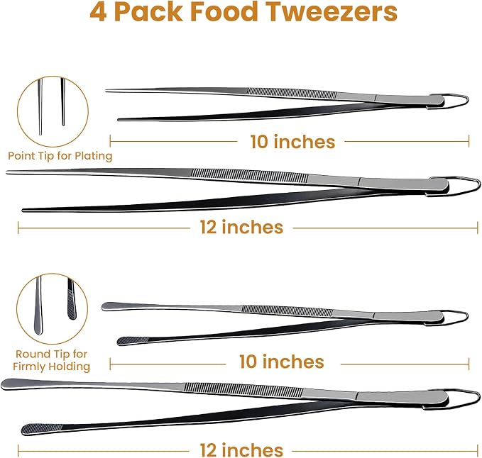 GEEKHOM 4-Piece 12 & 10-Inch Cooking Tongs: Professional Stainless Steel Scissor Tongs Set with Non-Slip Grip (Black)