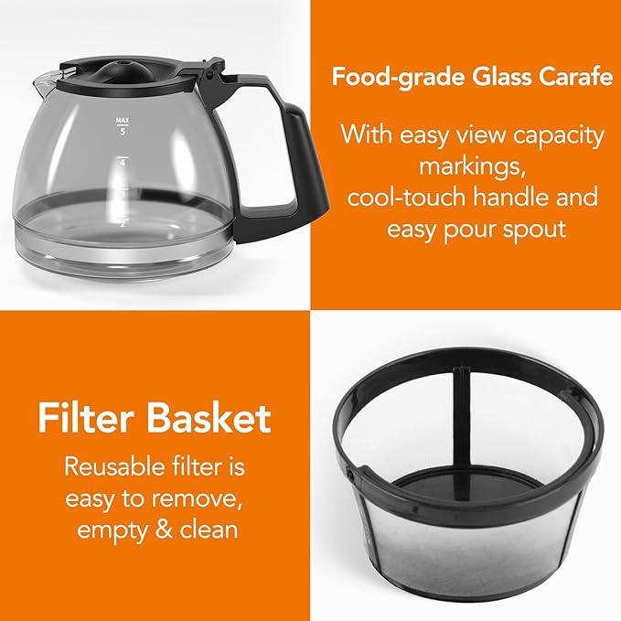Electactic 5-Cup Programmable Drip Coffee Maker, a compact coffee machine with a digital clock and 24-hour programmable timer, featuring Auto Shut-Off, and a Removable Filter Basket for Home & Office.
