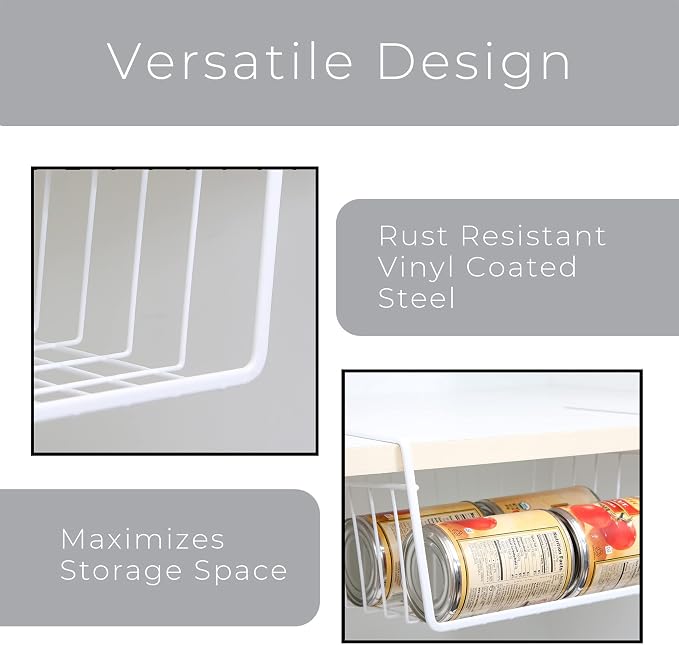 Smart Design Undershelf Storage Basket - Set of 6 - Medium - Snug Fit Arms - Steel Metal Wire Frame - Rust Resistant - Cabinet Pantry, Shelf Organizer Rack - Kitchen & Bathroom - 16 x 5.5 Inch - White