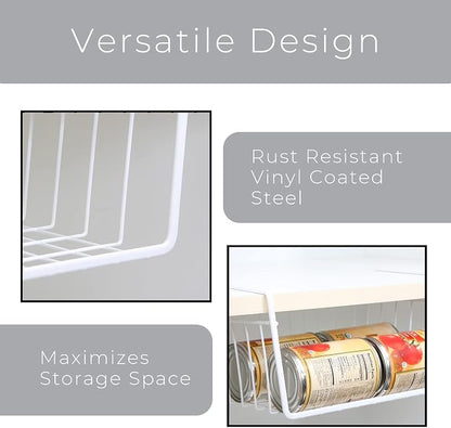 Smart Design Undershelf Storage Basket - Set of 6 - Medium - Snug Fit Arms - Steel Metal Wire Frame - Rust Resistant - Cabinet Pantry, Shelf Organizer Rack - Kitchen & Bathroom - 16 x 5.5 Inch - White