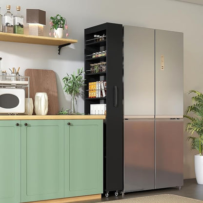 7 Tier Pull Out Cabinet Organizer, Pull Out Spice Rack, Rolling Kitchen Pantry Storage Cabinet, Open Shelf for Kitchen, Narrow Spaces, Wood Spice Rack Next to Fridge, Black