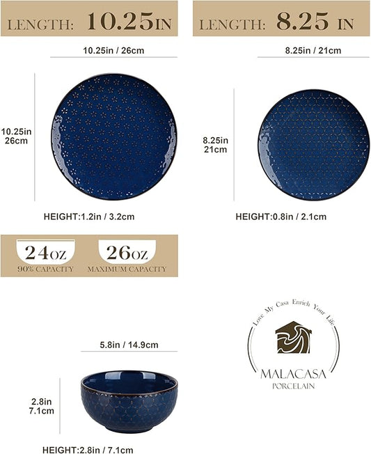 MALACASA 12 Pieces Dinnerware Sets, Modern Plates and Bowls Sets, Blue Dish Set for 4, Kitchen Ceramic Dinner Plates Dishware Set, Microwave and Dishwasher Safe, Series LYDIA