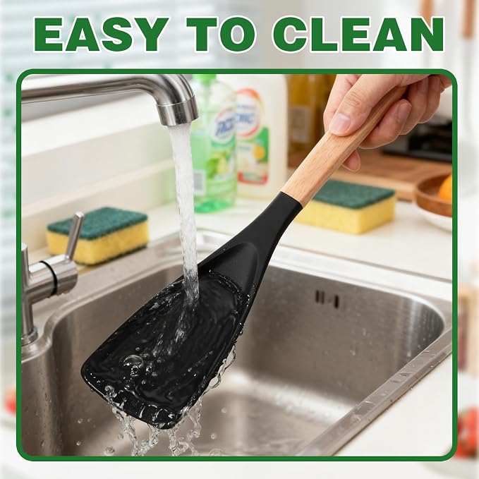 2PCS Cedar and Ash Spoonula,Multifunction Spatula Cooking Spoon,Non stick Flat Serving Spoons, Heat Resistant Kitchen Cucharras for Mixing, Stiring, Scooping, Scraping, Bastin (Black)