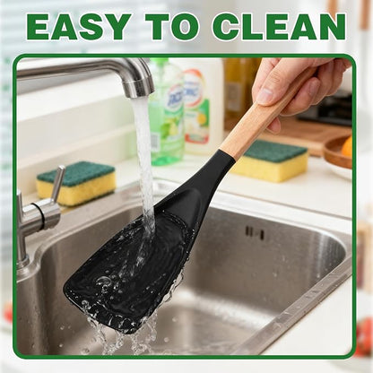 2PCS Cedar and Ash Spoonula,Multifunction Spatula Cooking Spoon,Non stick Flat Serving Spoons, Heat Resistant Kitchen Cucharras for Mixing, Stiring, Scooping, Scraping, Bastin (Black)