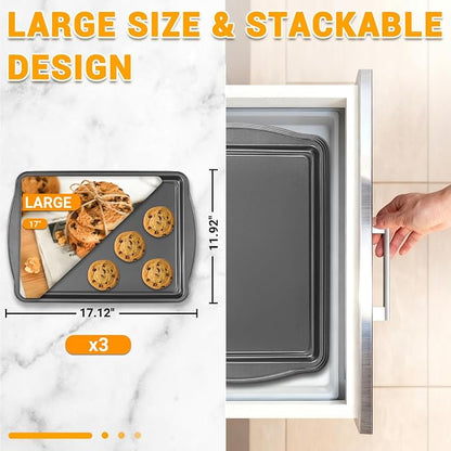 Baking Pan Set of 3 - Carbon Steel Baking Sheets Set, 17 Inch, Nonstick Cookie Sheets for Baking, Rust & Warp Resistant & Stackable, Nontoxic & Heavy Duty & Easy Clean