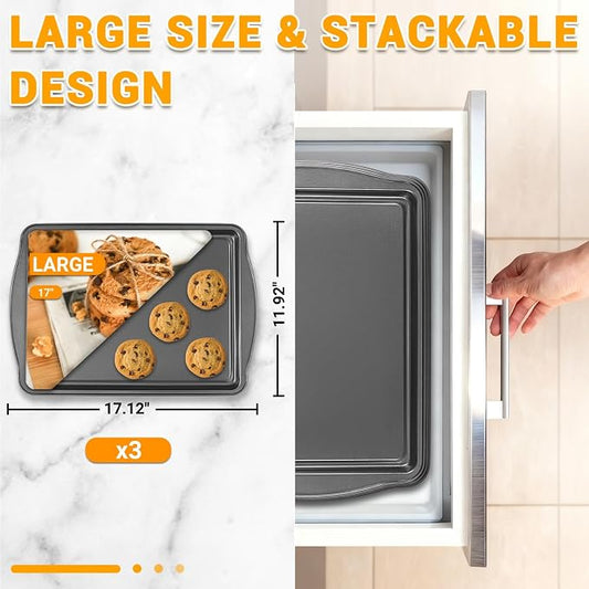 Baking Pan Set of 3 - Carbon Steel Baking Sheets Set, 17 Inch, Nonstick Cookie Sheets for Baking, Rust & Warp Resistant & Stackable, Nontoxic & Heavy Duty & Easy Clean
