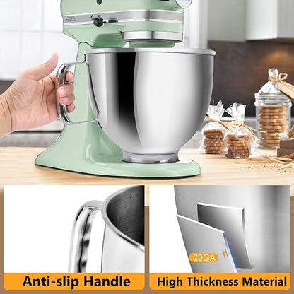5 Quart Mixing Bowl for KitchenAid Stand Mixers, Food-Grade Stainless Steel Bowl with Handle & Clasp, Compatible with Tilt-Head 4.5–5 Qt Models – Fits K45, K45SS, KSM75, KSM150, KSM95 (Silver, 5QT)