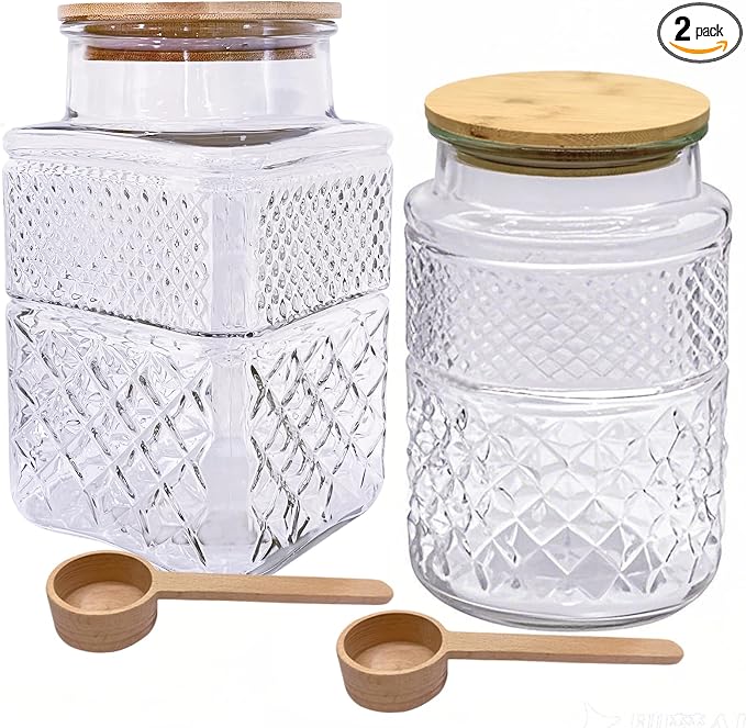 Viovian 60 OZ Vintage Glass Jar with Lid Wood Spoon Set of 2 Decorative Glass Storage Jars Airtight Lids Clear Canister Container for Food Candy Cookie Sugar Coffee Bean Tea Nuts Snack Dog Treat Vase