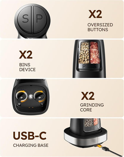 Sangcon 2-in-1 Rechargeable Salt and Pepper Grinder, USB-C Charging Base, One-Handed Automatic Grinder with Adjustable Coarseness & Light, Dual-Chamber Refillable Mill, Housewarming Gifts for Cooks