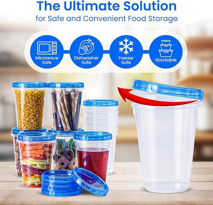 RFAQK 24 Pack Freezer Storage Containers with Lids-32 OZ Soup Containers with Twist Top Lids-Meal Prep Quart Food Storage Containers with Screw Lid-Leak Proof Plastic Containers for Leftovers & Pantry