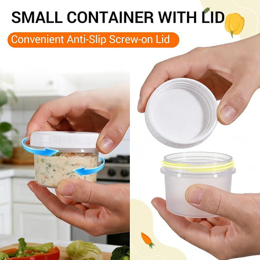 DEMORA 6 oz Small Plastic Containers with Twist on Lids [20 Sets], Stackable Little Food Storage Containers for Snack Lunch Meal Prep Salad Dressings, Freezer/Microwave/Dishwasher Safe, BPA Free