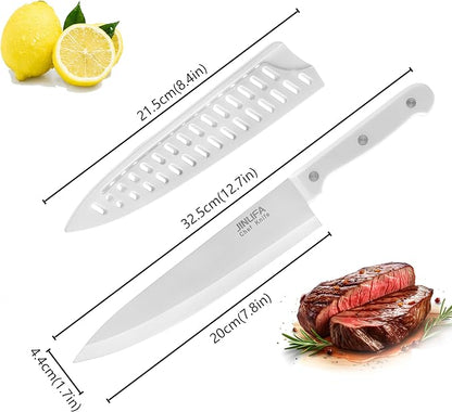 8 inch Chef Knife, Stainless Steel Kitchen Knife with Protective Knife Sheath, Ultra Sharp Slicing Knife with Ergonomic Handle, German Stainless Steel, Dishwasher Safe (White Color)