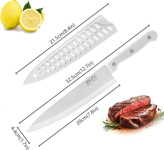 8 inch Chef Knife, Stainless Steel Kitchen Knife with Protective Knife Sheath, Ultra Sharp Slicing Knife with Ergonomic Handle, German Stainless Steel, Dishwasher Safe (White Color)