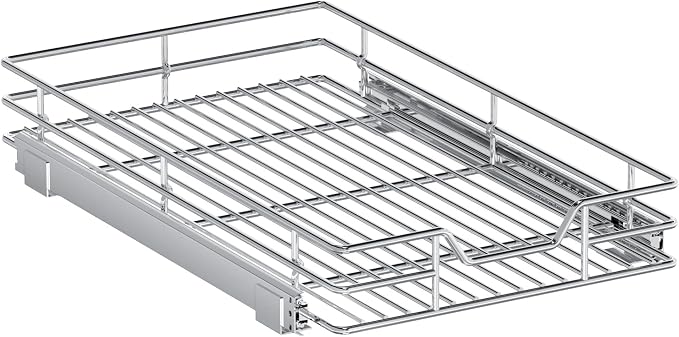 Pull Out Cabinet Organizer, 13.5" W x 21.5" D, Heavy Duty Chrome Slide Out Shelf for Base Cabinets, Sliding Wire Basket Drawer for Pantry Items, Bowls, Containers & Cleaning Supplies
