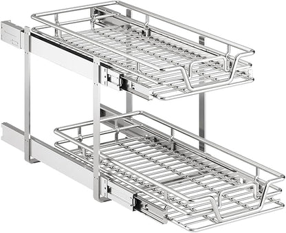 2-Tier Kitchen Cabinet,Pull Out Cabinet Organizer,Shelf and Drawer Organizer Slide Out Pantry Storaqe Basket in Multiple Sizes (12" W x21 D)