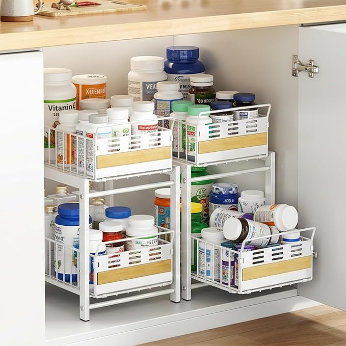 Under Sink Organizer, 2-Tier Pull Out Cabinet Organizer with Heavy-Duty Carbon Steel Slide-Out Basket Drawers, Stackable Multi-Purpose Storage Rack for Kitchen Pantry, Bathroom Vitamin Storage, White