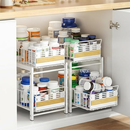 Under Sink Organizer, 2-Tier Pull Out Cabinet Organizer with Heavy-Duty Carbon Steel Slide-Out Basket Drawers, Stackable Multi-Purpose Storage Rack for Kitchen Pantry, Bathroom Vitamin Storage, White