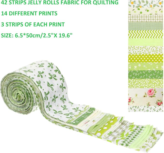 42Pcs Jelly Roll Fabric Strips Soft Cotton Quilting Fabric 2.5 x 20 Inch Pre-Cut Cotton Strips Bundles for Quilting Crafting and Sewing(Green)