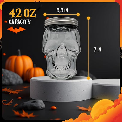 DURA LIVING Set of 2 Skull Mason Jar Glasses with Lids | 42oz Reusable Halloween Drinking Glasses | Unique Skull Décor, Storage, & Canning Jars for Parties & Gifts