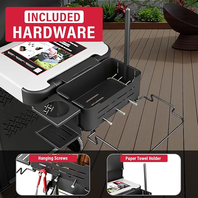 Utheer Grill Organizer Kit Compatible with Weber Works System, Rail-Mounted Grill Caddy Basket with Paper Towel Holder, Trash Bag Holder, Cup Holder & 4 Hooks for Slate, Spirit, Genesis, Performer