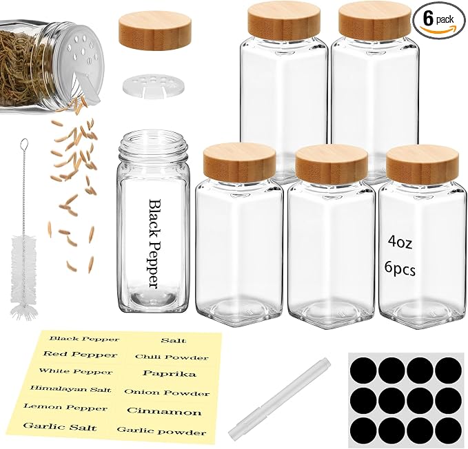6Pcs 4 oz Square Glass Spice Jars with Label, Empty Spice Containers with Bamboo Lids , Square Seasoning Containers and Supplement Set, Small Seasoning Bottles for Salt, Herbs, Sugar, Pepper (6)