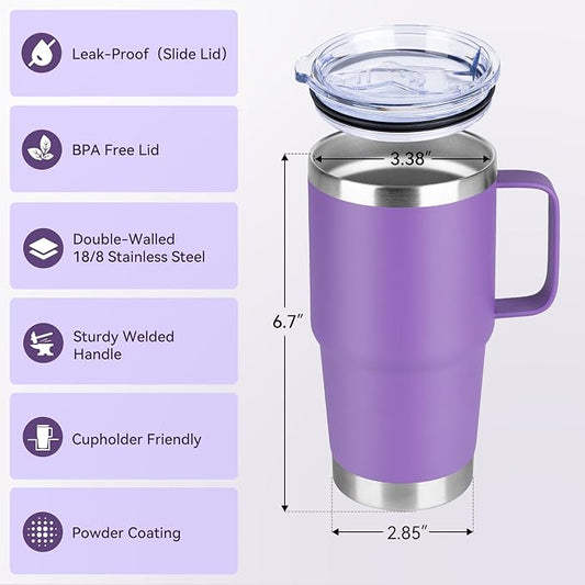 20oz Tumbler Bulk with Lid, Stainless Steel Tumbler Bulk with Handle, Metal Insulated Travel Coffee Mug Set with Handle, Double Wall Vacuum Leak Proof Tumbler Cup, Purple 6 Pack